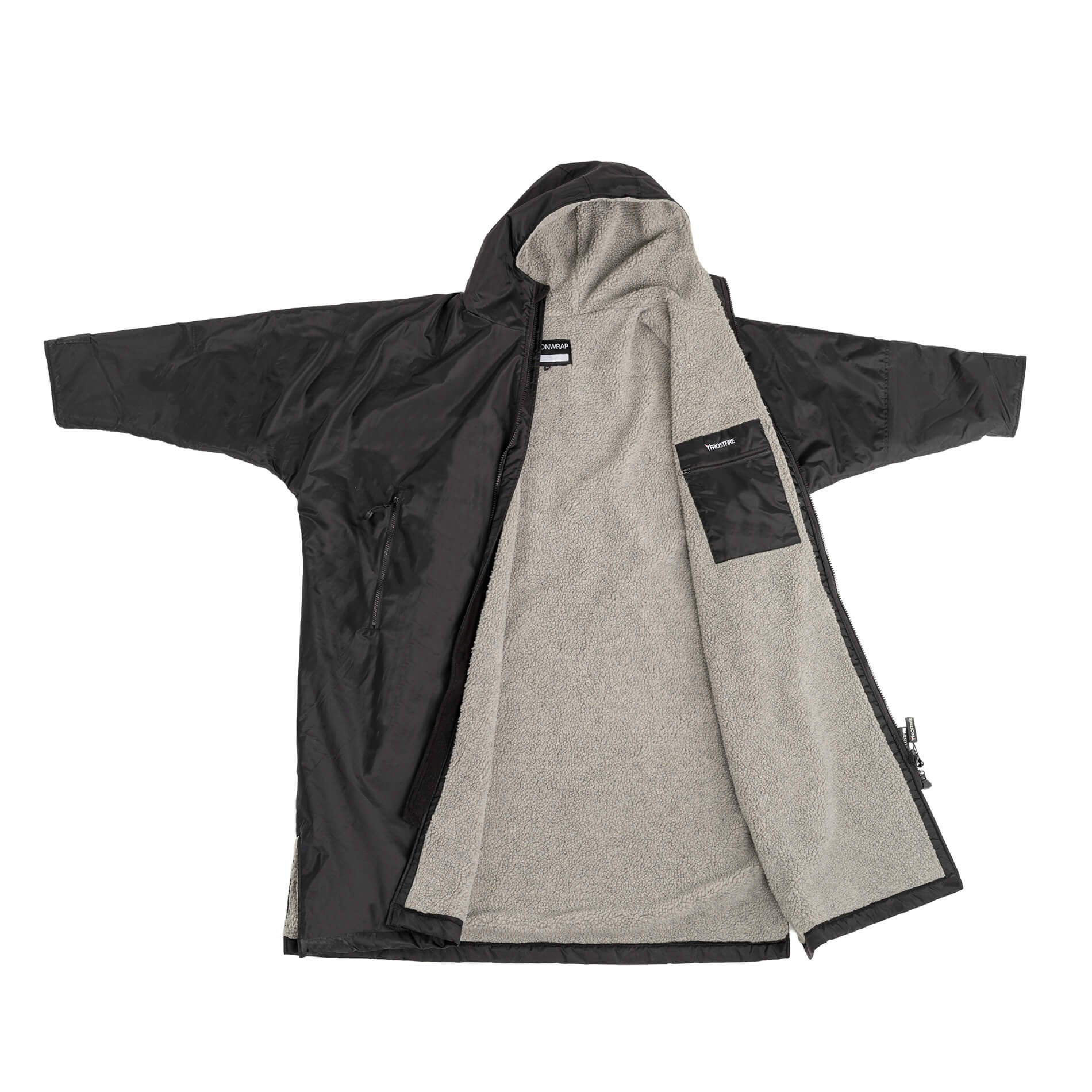 The inside of the Full length photo of a Woman in the Black Frostfire Moonwrap Waterproof Changing Robe for Cold Water Immersion.