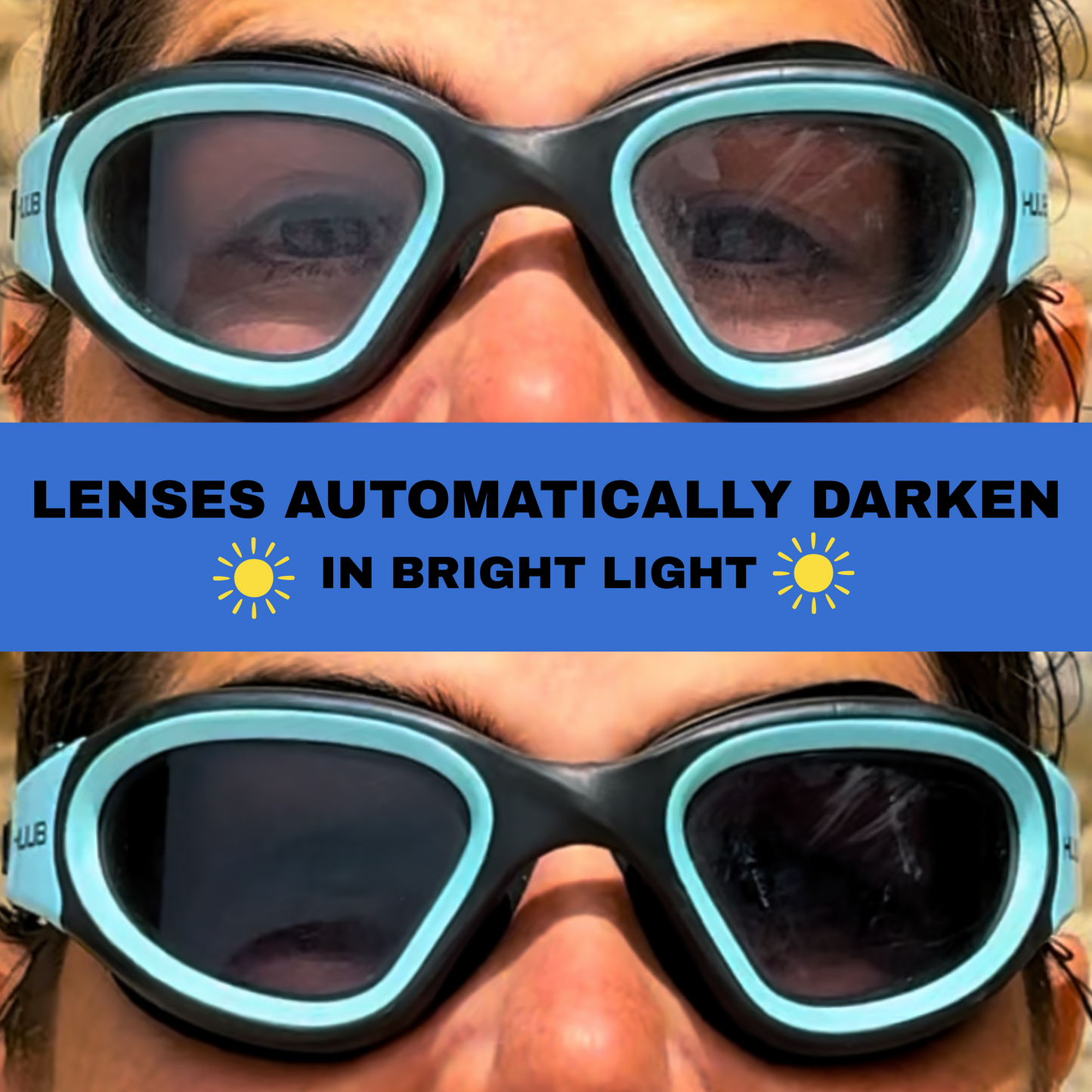 Magic Swimming Goggles Close up Showing Clear to Dark - HUUB Aphotic Photochromatic Wild Swim Goggles
