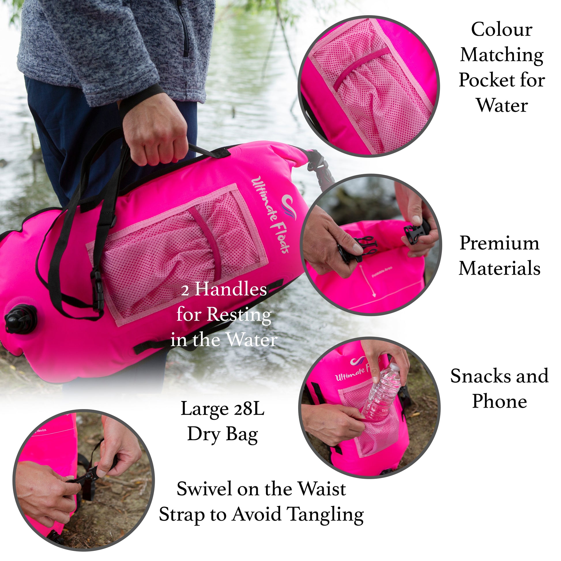 Ultimate Floats 28L Tow Float Dry Bag for Open Water Swimming - Pink