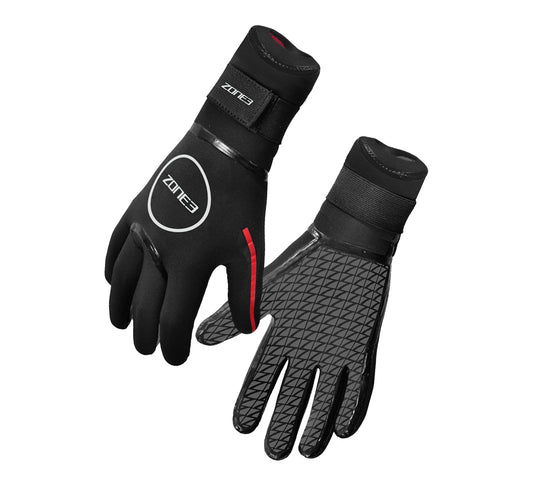 Two Zone 3 Heat Tech Warmth Neoprene Gloves for Cold Water Swimming. One shows the front of the glove, showing the logo and the other is showing the palm of the glove.