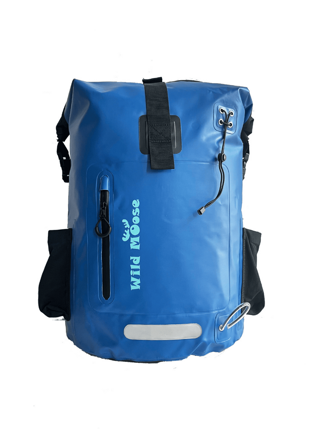 Blue waterproof 45 litre backpack by Wild Moose, designed for wild swimmers, cold water swimmers, and open water adventurers.