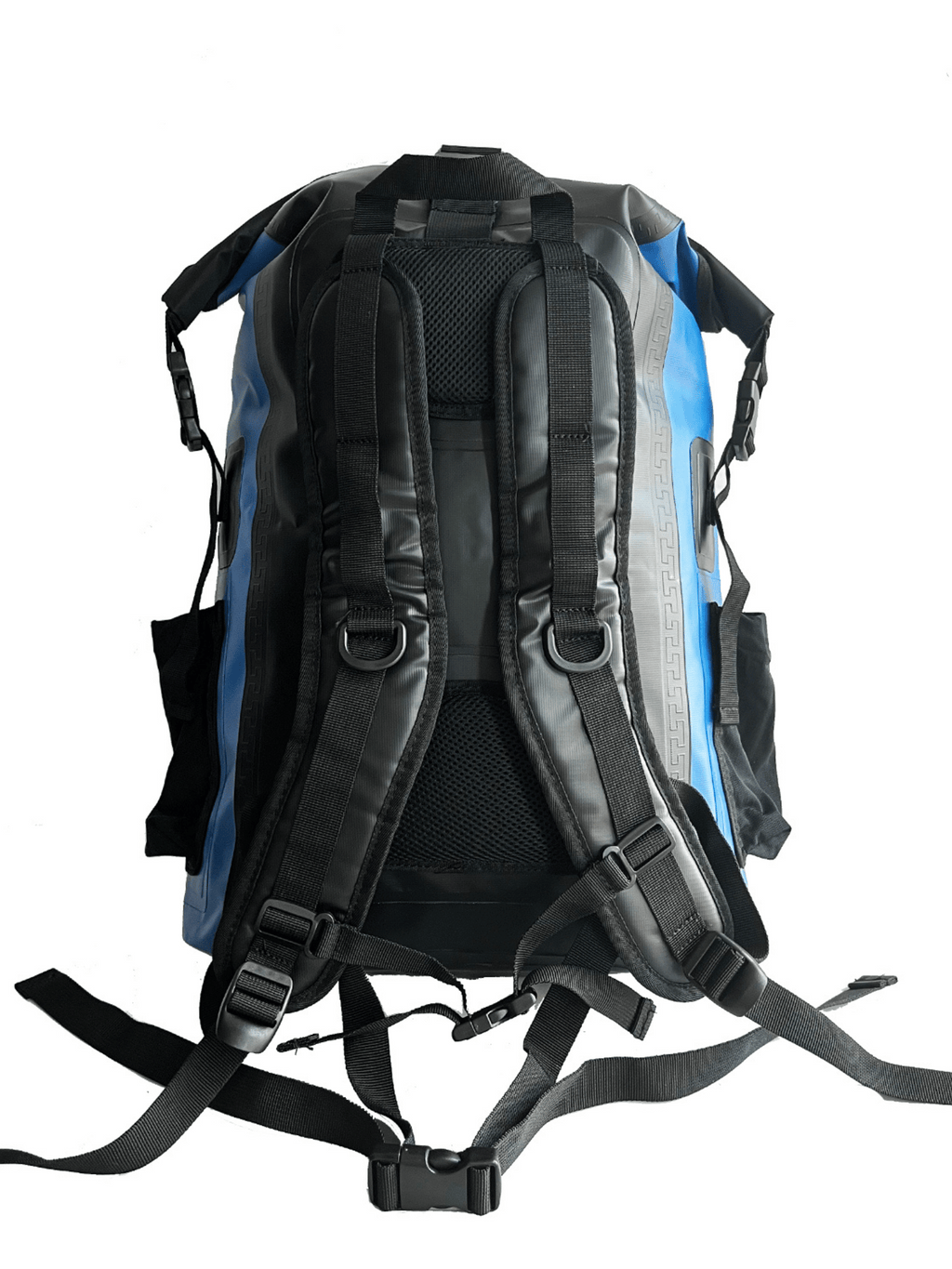The back of a blue waterproof 45L backpack by Wild Moose showing padded straps, designed for wild swimmers, cold water swimmers, and open water adventurers.