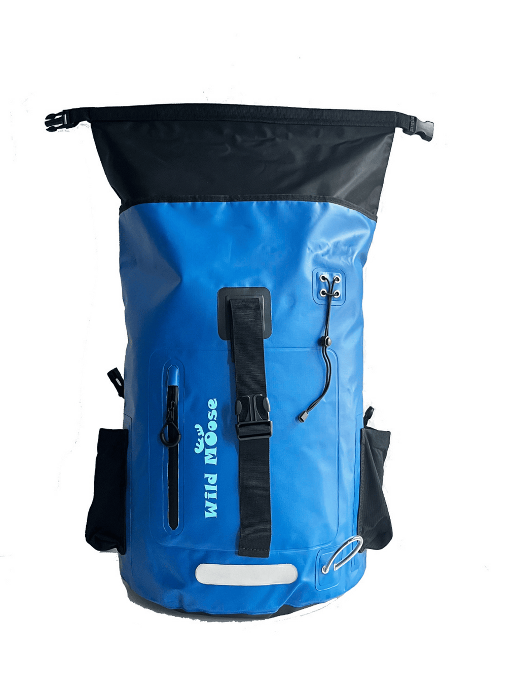 Blue waterproof 45L backpack by Wild Moose, designed for wild swimmers, cold water swimmers, and open water adventurers.