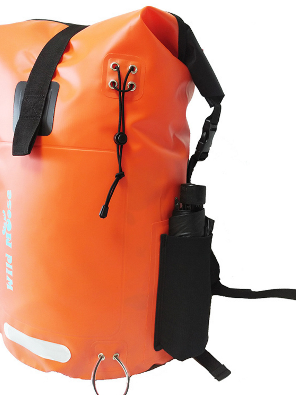 Orange dry bag backpack designed for open water swimming adventures and wild swims
