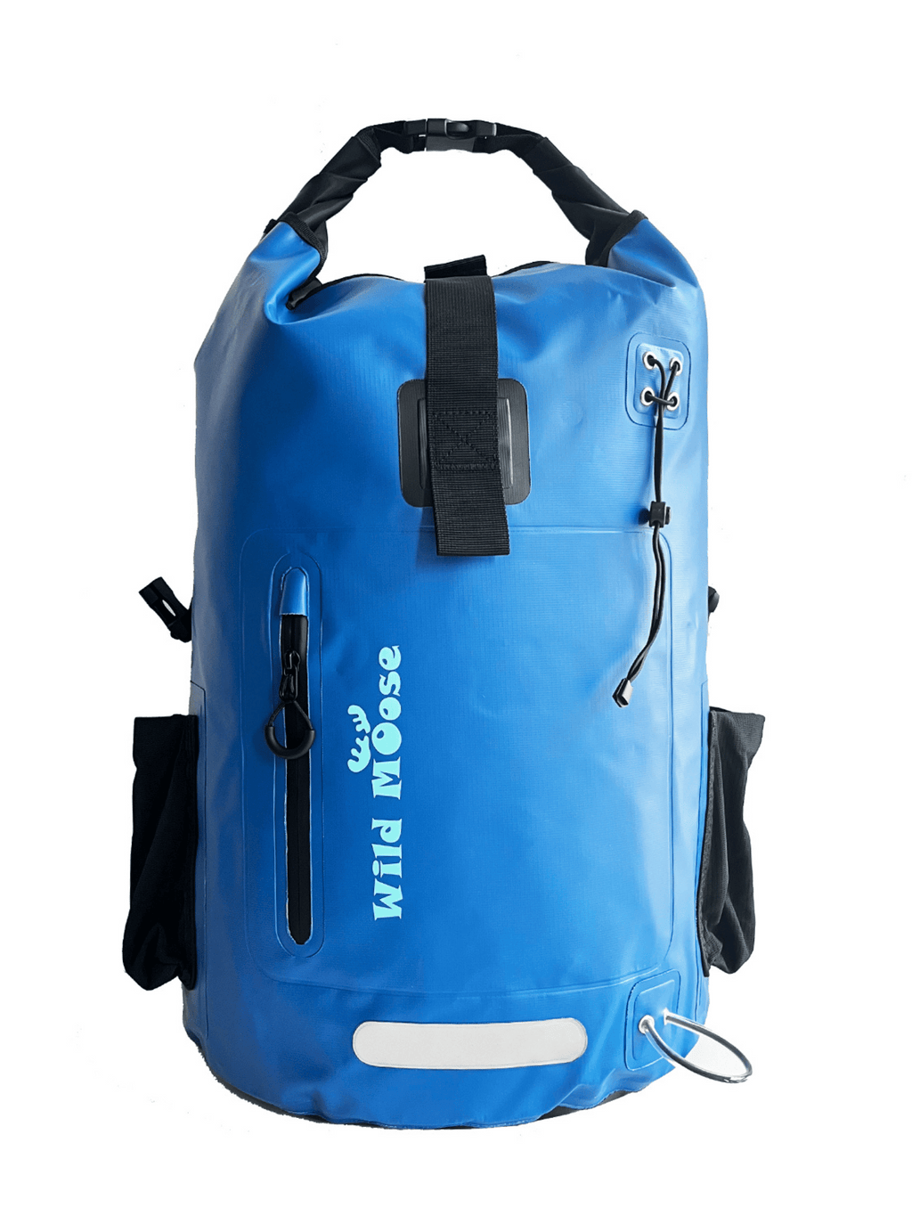 Blue waterproof 45L backpack by Wild Moose, designed for wild swimmers, cold water swimmers, hikers, and open water adventurers.
