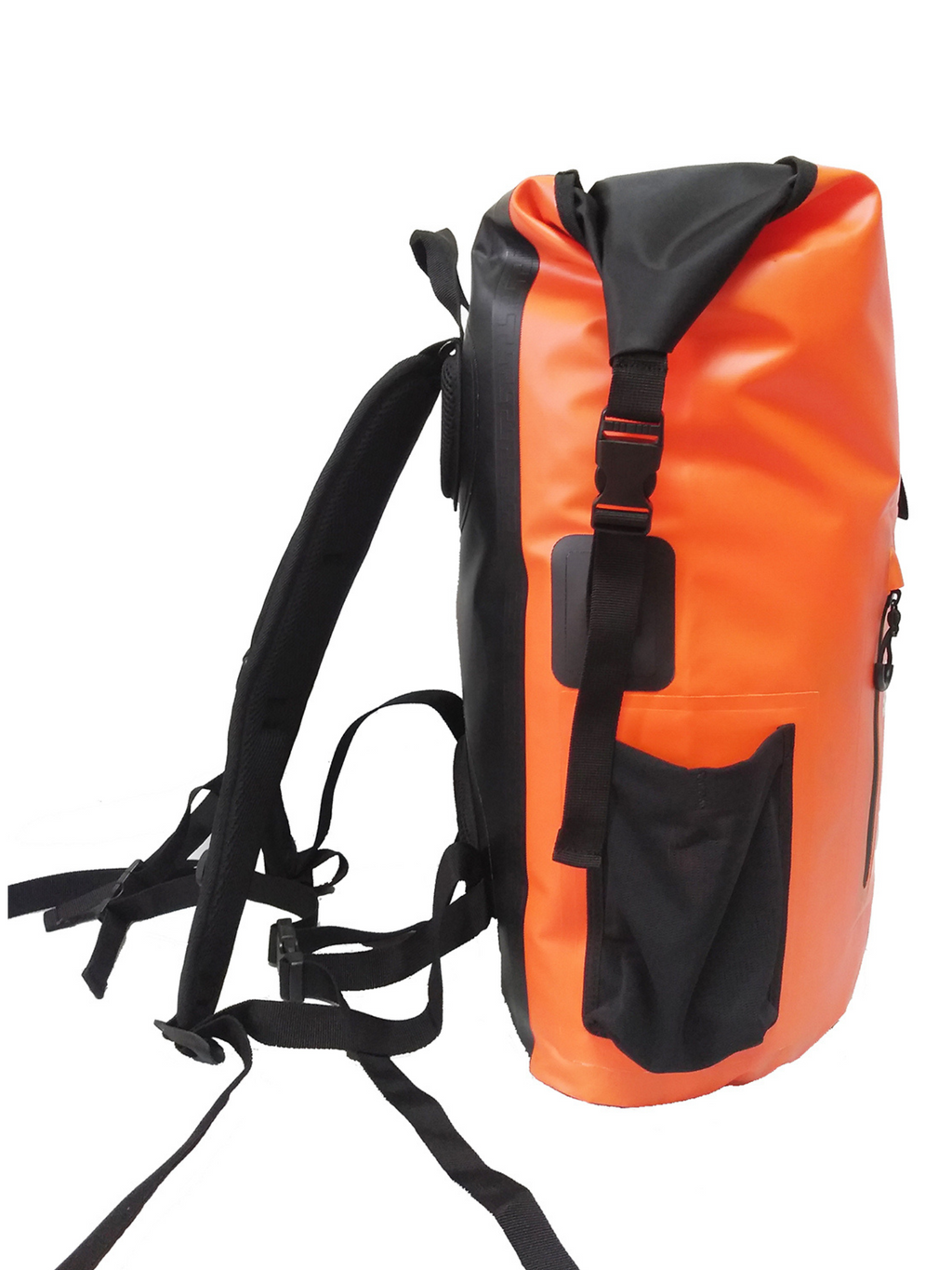 Wild Moose Bright orange waterproof swim backpack beside lake, ideal for carrying kit during wild swimming adventures.
