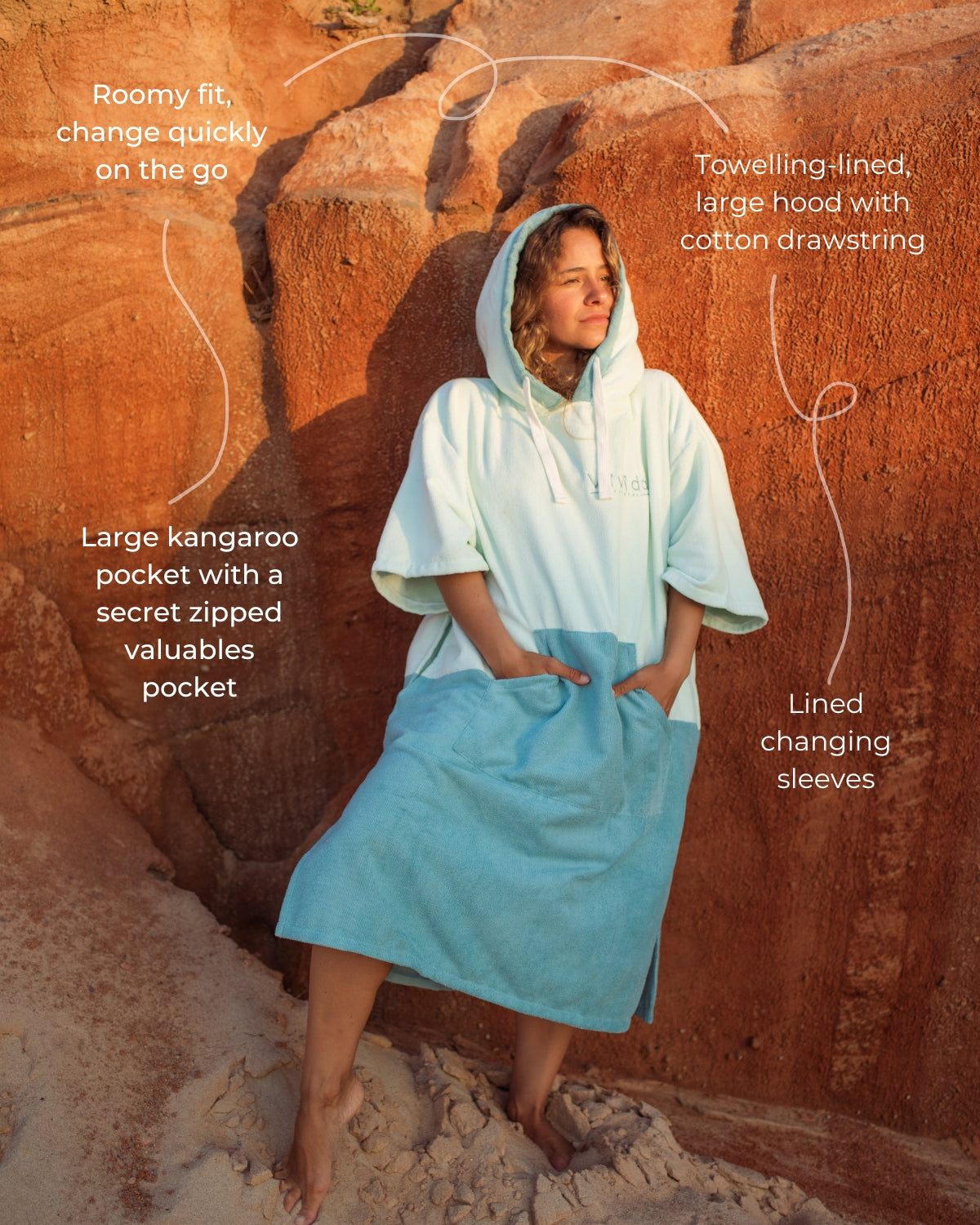 Features of a Vivida Original Poncho Towel Changing Robe - Seafoam Green / Turquoise Teal