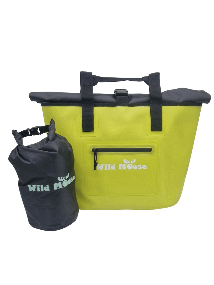 High-visibility yellow waterproof swim bag, great for carrying kit to wild swim spots
