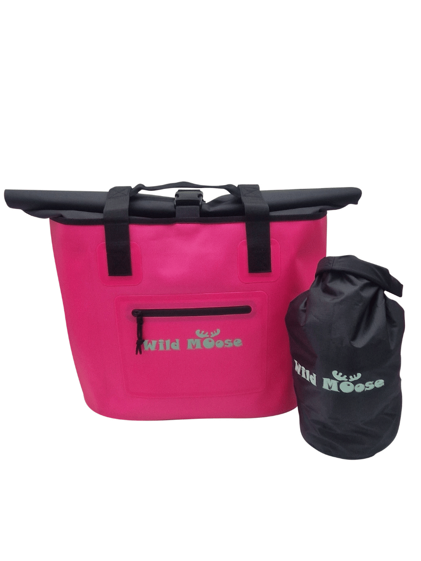 Bright Pink Swim Gear Waterproof Bag with a Dry Bag next to it - ideal for Swimming Adventures.