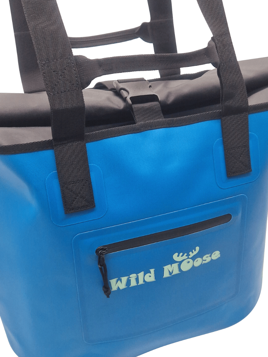 Close up of a Bright Blue Waterproof Swim Bag by Wild Moose ideal for Open Water Swim Gear.