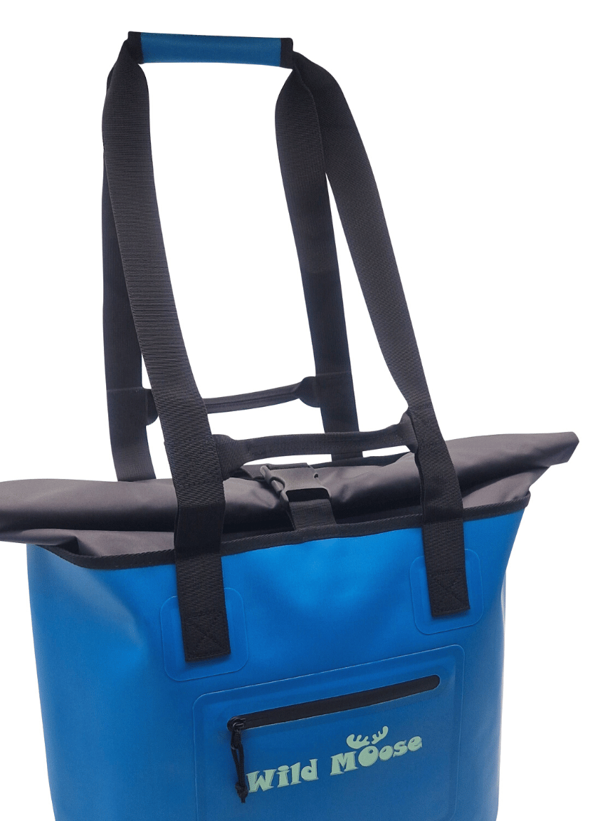 Close up of a Bright Blue Waterproof Swim Bag by Wild Moose ideal for Cold Water Swimmers.