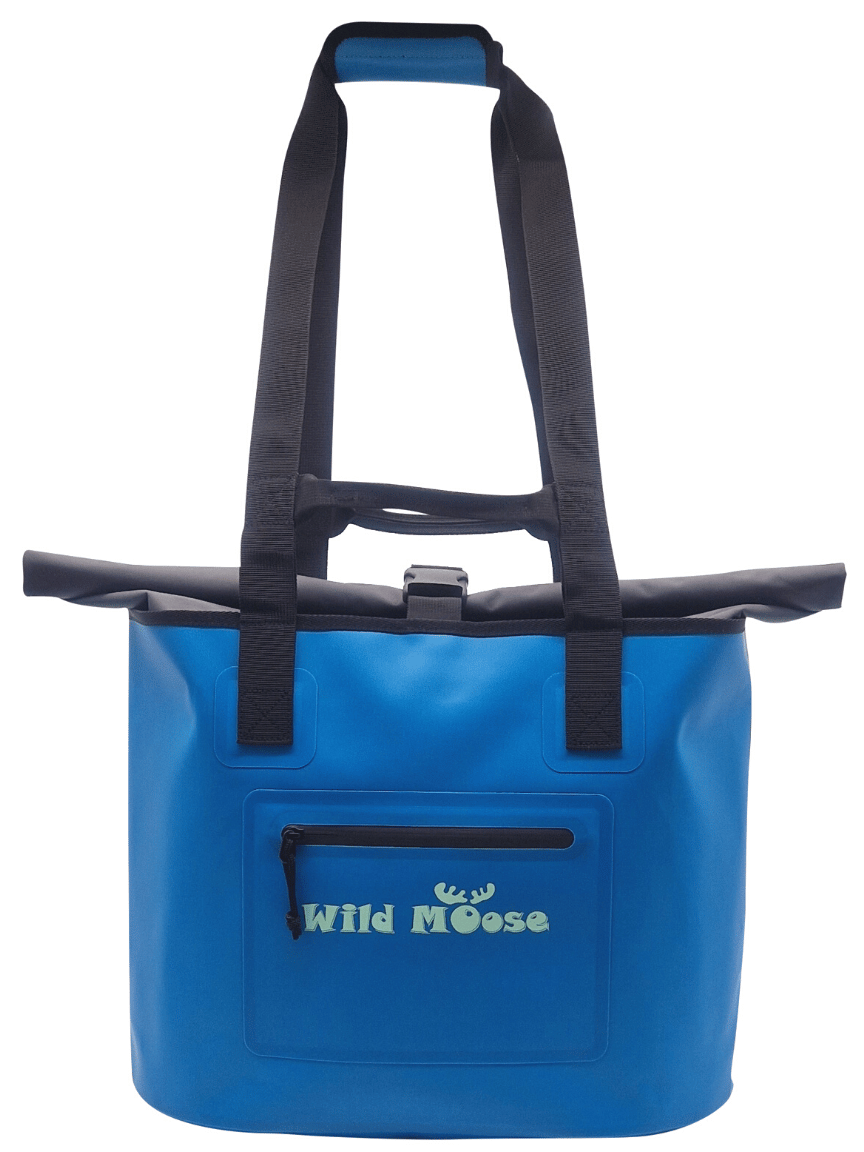 Close up of a Bright Blue Waterproof Swim Bag by Wild Moose ideal for Wild Swimmers.