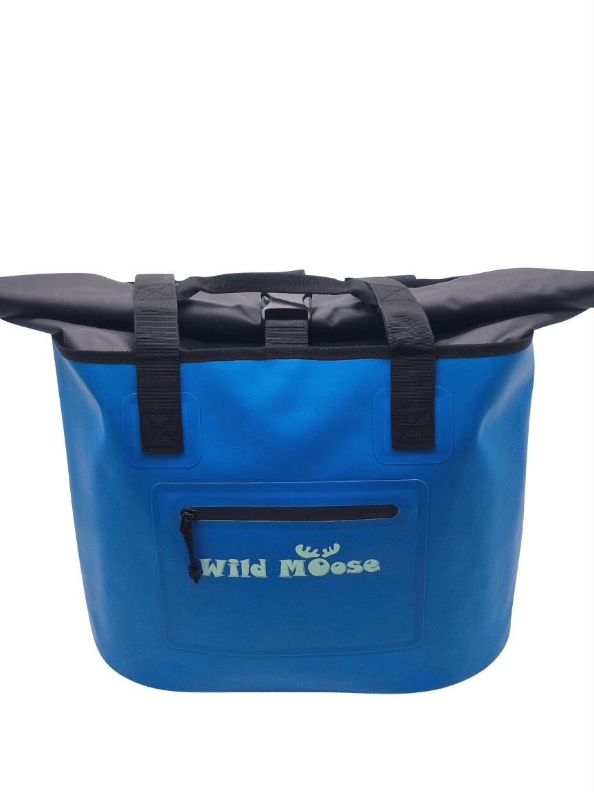Close up of a Bright Blue Waterproof Swim Bag by Wild Moose ideal for Lake  Swimmers.