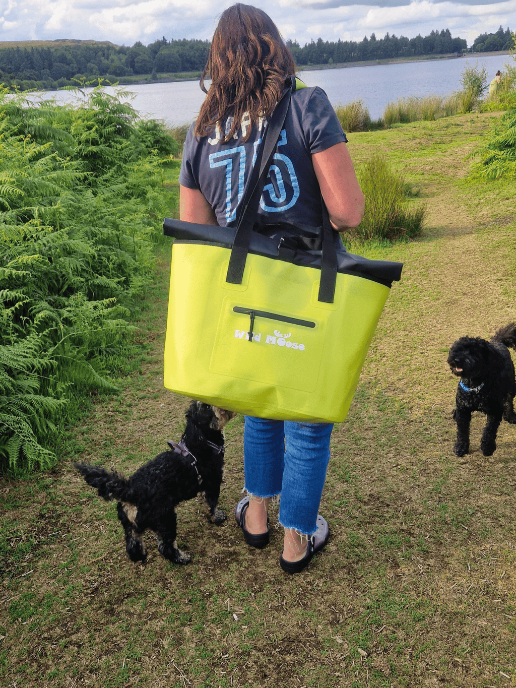 Wild swimmer with yellow waterproof bag slung over shoulder, pausing at lake before cold water swim with two dogs by her.