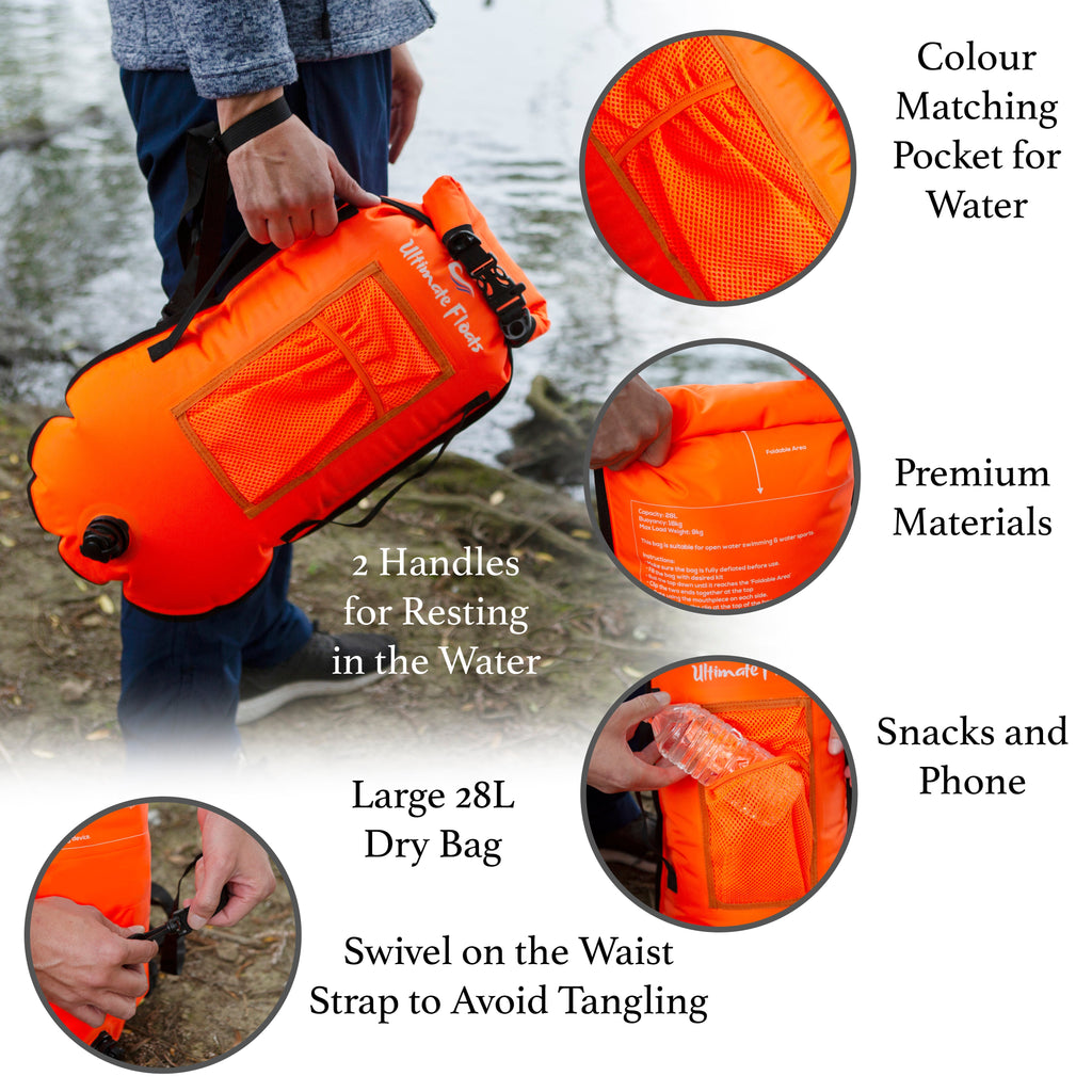 Ultimate Floats 28L Tow Float Dry Bag for Open Water Swimming - Orange