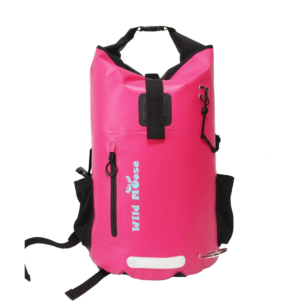 Bright pink waterproof 45L backpack by Wild Moose, designed for wild swimmers, cold water swimmers, and open water adventurers.