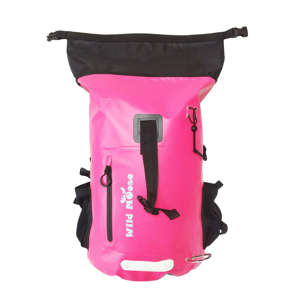 Bright pink waterproof 45L backpack by Wild Moose, designed for wild swimmers, cold water swimmers, and open water adventurers.