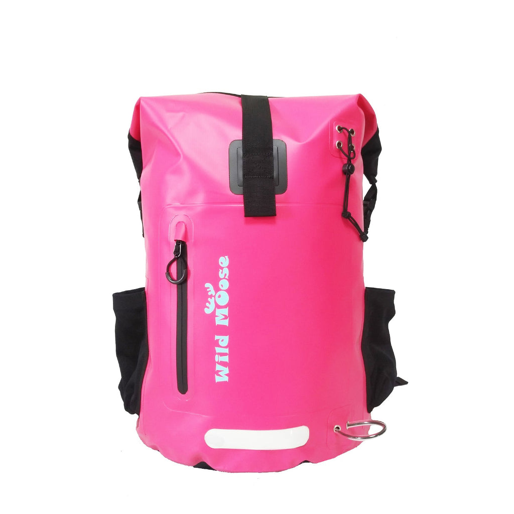 Bright pink waterproof 45L backpack by Wild Moose, designed for wild swimmers, cold water swimmers, and open water adventurers and swim hikes.