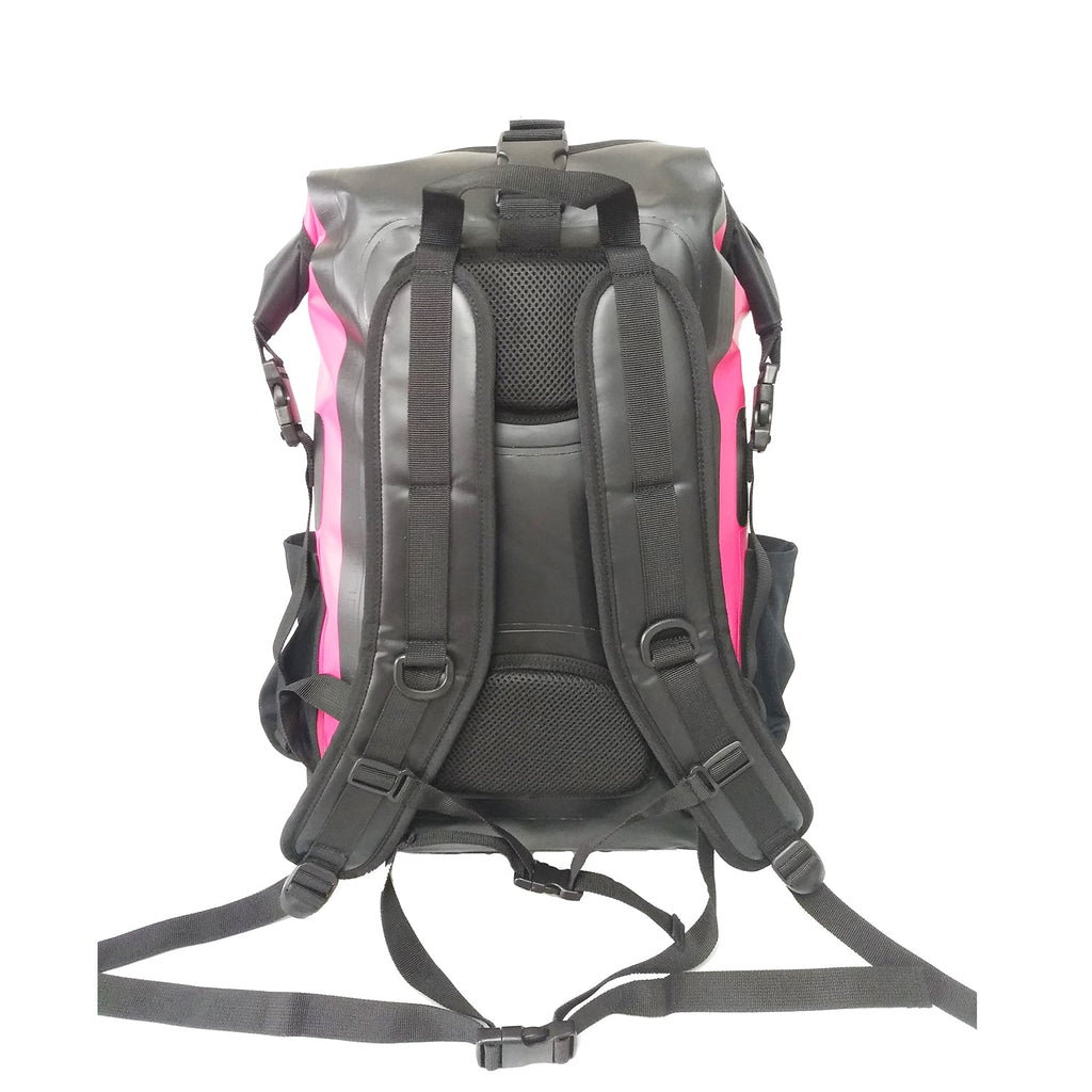 The back of a bright pink waterproof 45L backpack by Wild Moose, designed for wild swimmers, cold water swimmers, and open water adventurers.