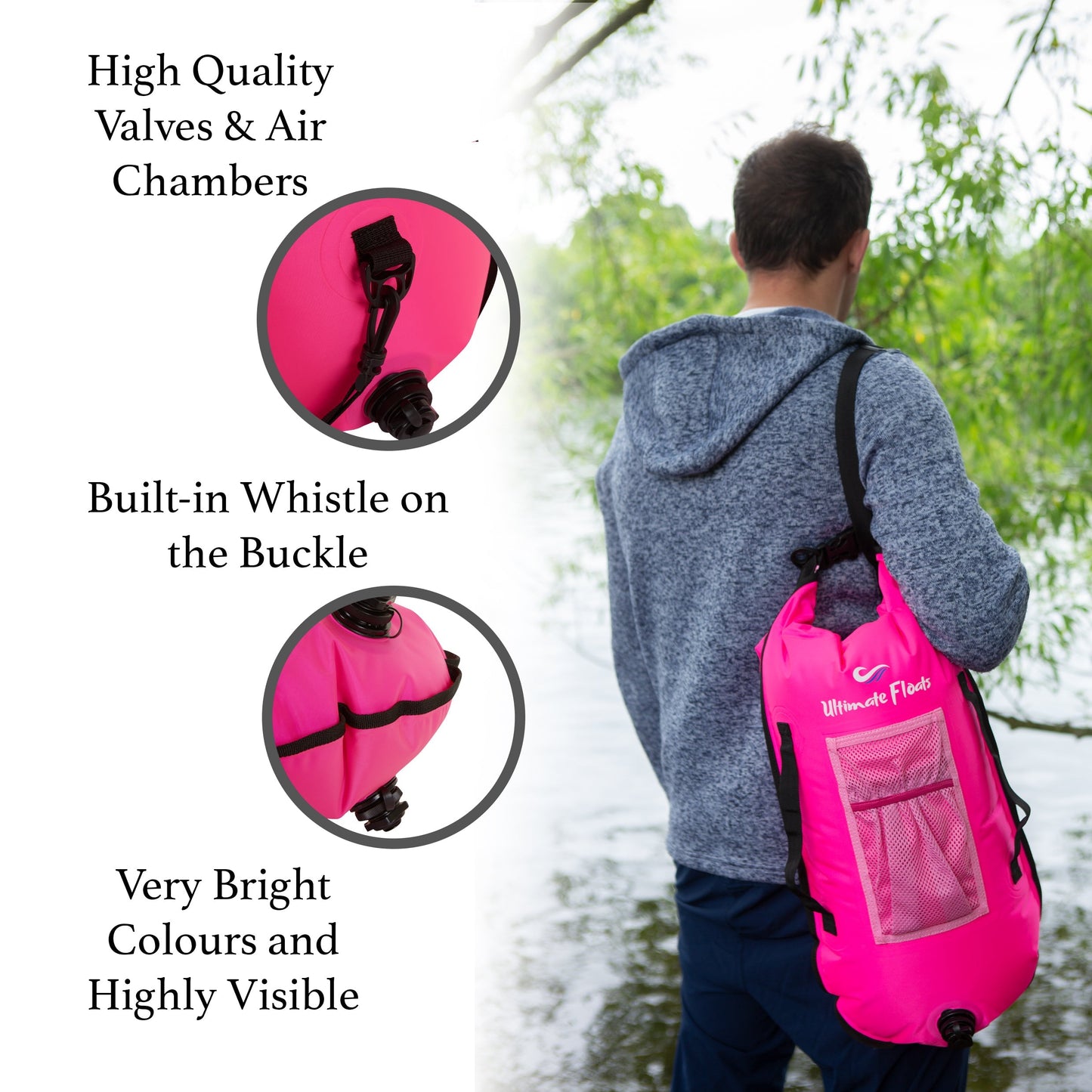 Ultimate Floats 28L Tow Float Dry Bag for Open Water Swimming - Pink