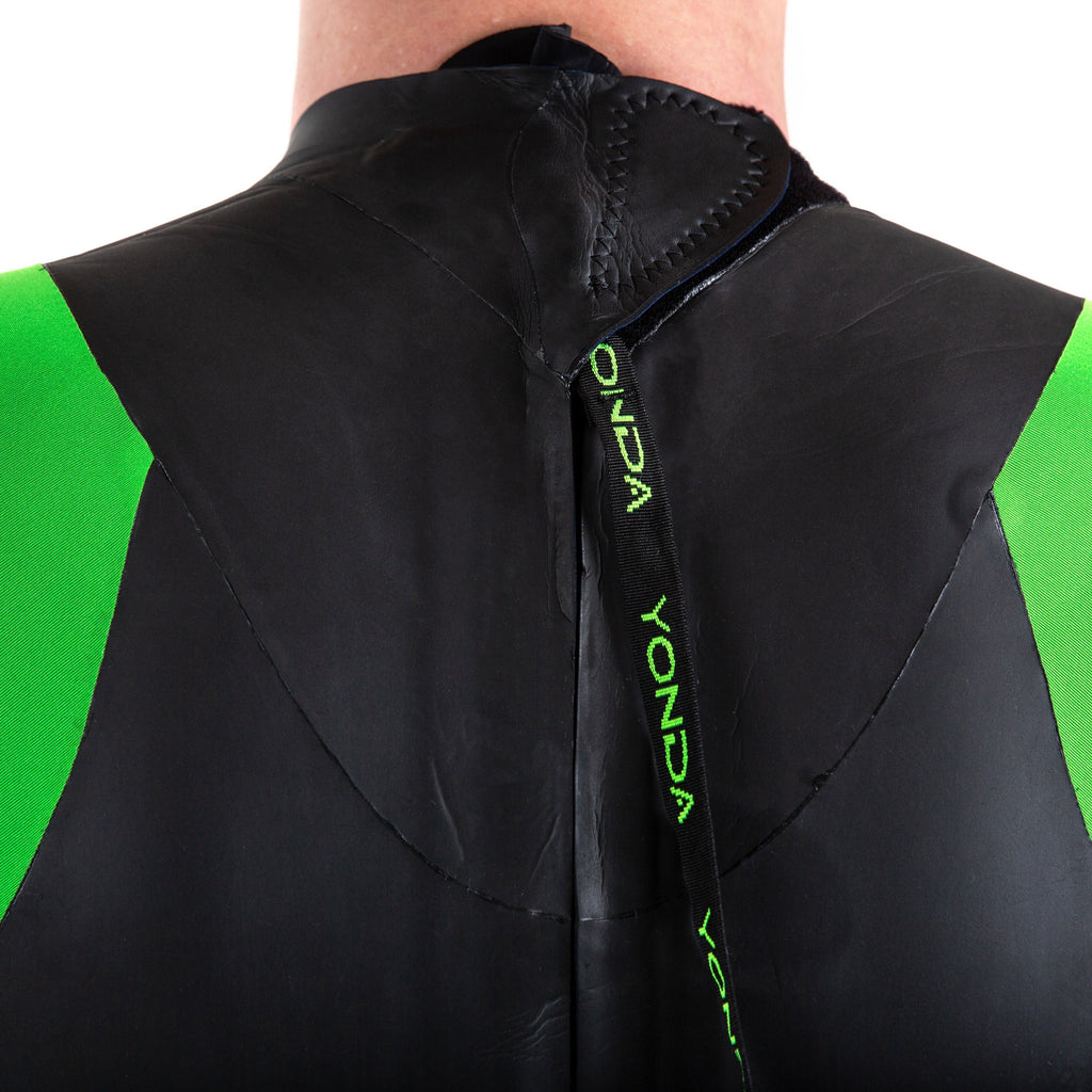 Close up of the top of the back of a man in the Spook Wetsuit  Wild Swimming Wetsuit.