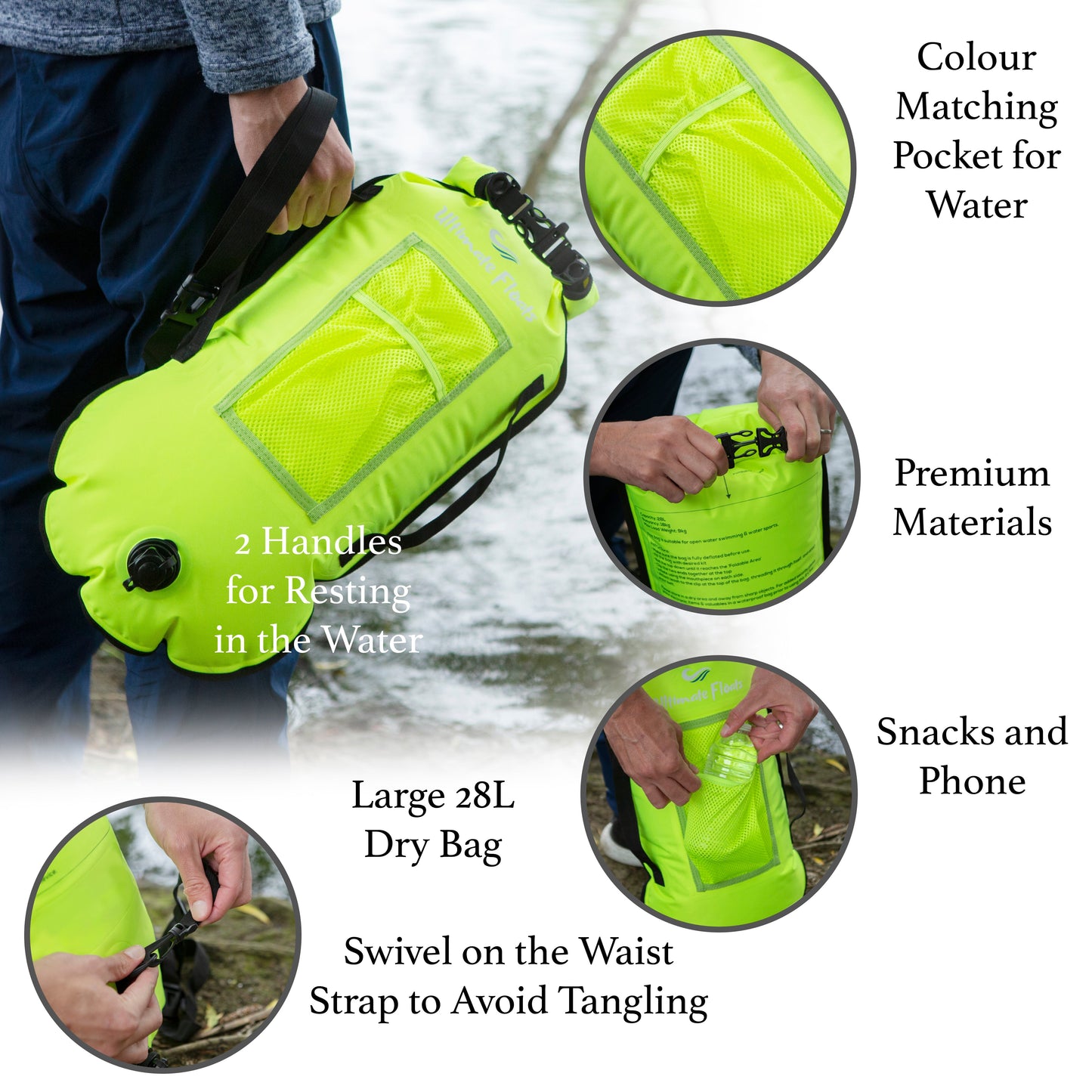 Ultimate Floats 28L Tow Float Dry Bag for Open Water Swimming - Yellow