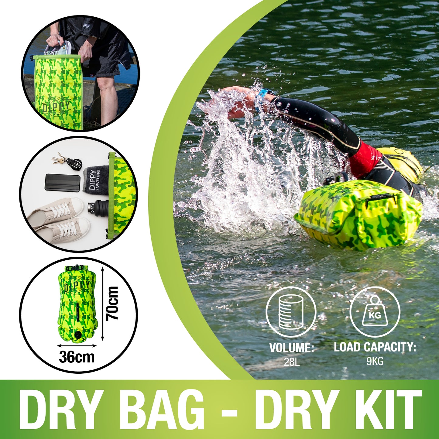 Dippy 28L Tow Float and Dry Bag Green Camo
