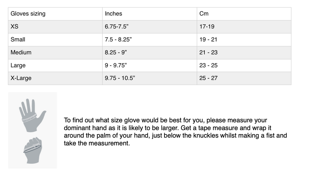 Size chart for Fourth Element - 3mm Neoprene Wild Swimming Gloves