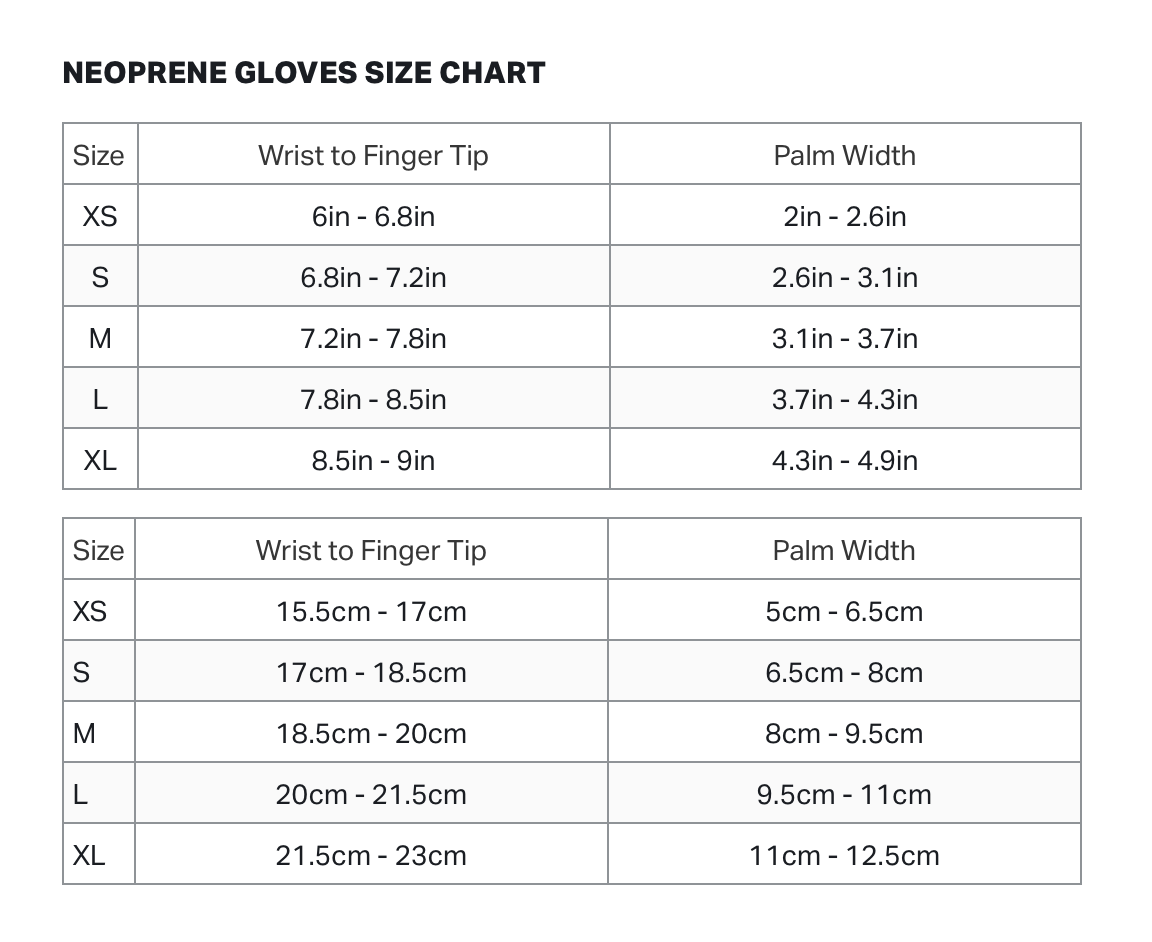 Size chart for the Zone 3 Heat Tech Warmth Neoprene Wetsuit Gloves for Cold Water Swimming.