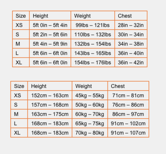 Size chart for the Zone 3 Women's Yulex Long sleeve Swimsuit for Wild Swimming