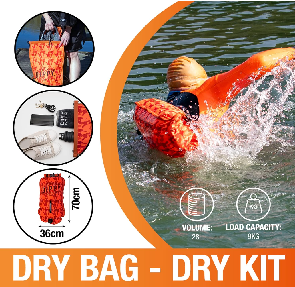 DIPPY Tow Float | 28L Swim Buoy Open Water Swimming Dry Bag in Orange