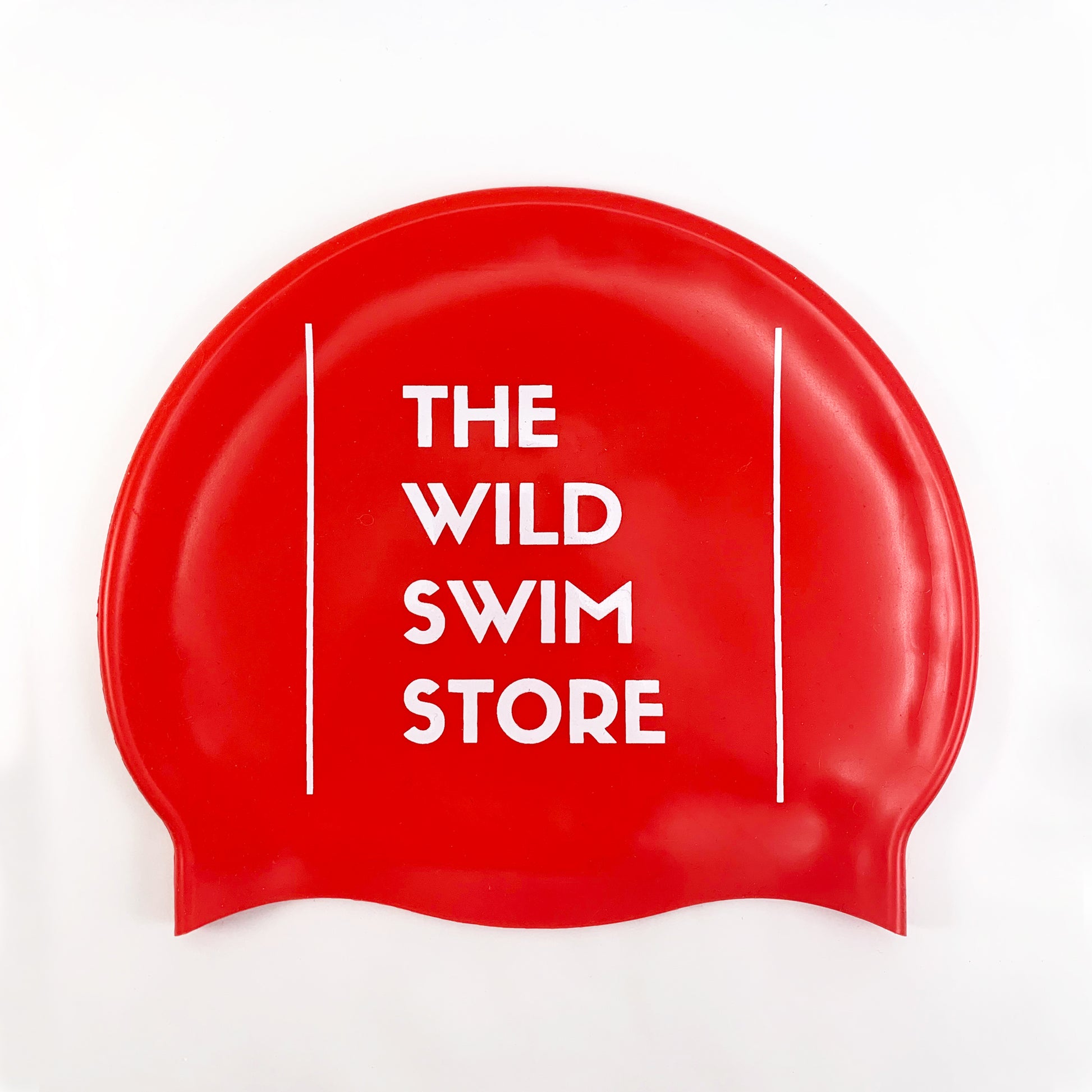 Bright Red Open Water Swimming Hat with the Wild Swim Store Logo