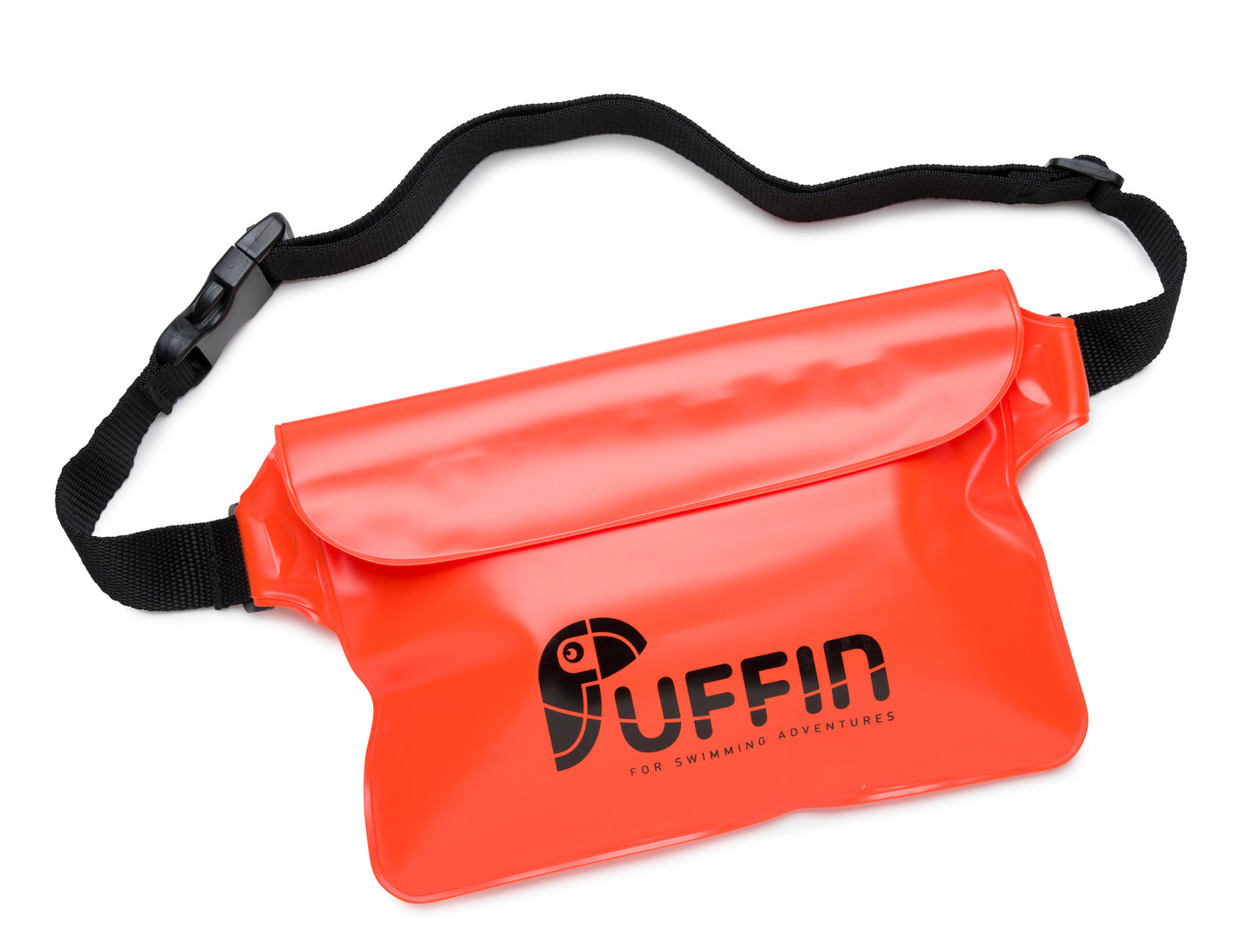 The front of a Puffin Orange Waterproof Waist Pouch Bumbag showing the Puffin logo on the front.